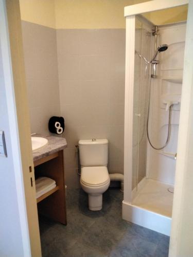 ein Bad mit einem WC, einem Waschbecken und einer Dusche in der Unterkunft Hotel Restaurant La Traverse in Cénac-et-Saint-Julien