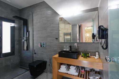 Káïna的住宿－Agapi Luxury Villa，带淋浴、盥洗盆和镜子的浴室