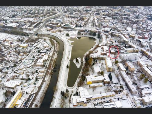 an aerial view of a city with a river at Kranto Luxe Stay in Panevėžys