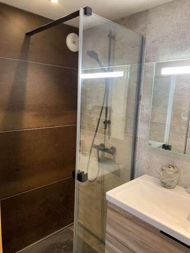 une douche avec une porte vitrée dans une salle de bain dans l'établissement Le Sarana : 75m2, calme, belle vue avec terrasse., à Les Deux Alpes