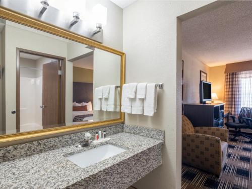 a bathroom with a sink and a mirror at Express Inn in Champaign