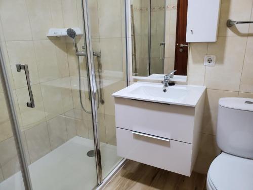 La salle de bains est pourvue d'une douche, d'un lavabo et de toilettes. dans l'établissement Casa Fagundes, à Faja Grande