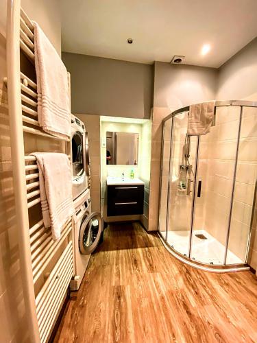 une salle de bain avec douche et lavabo dans l'établissement Centrally Located Sarlat Apartment with Medieval Town Views, à Sarlat-la-Canéda