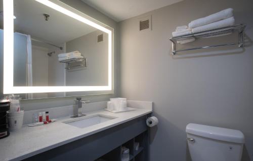 a bathroom with a sink and a mirror and a toilet at Best Western Rutgers University Hotel in East Brunswick