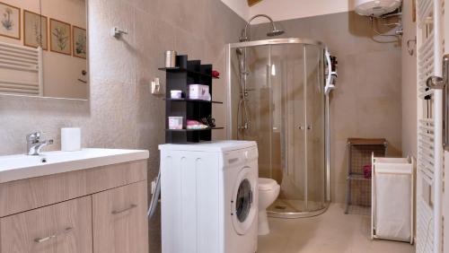 a bathroom with a washing machine and a shower at Heron's Path I in Análipsis