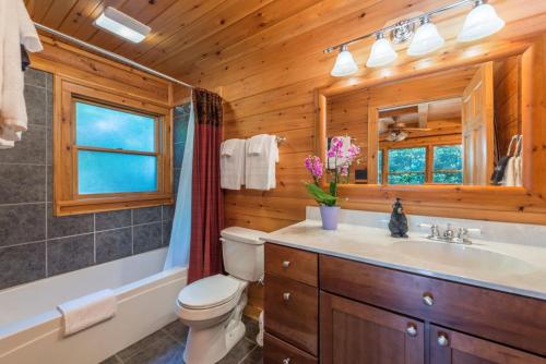 W łazience znajduje się toaleta, umywalka i lustro. w obiekcie Above the Clouds Log Cabin, Hot Tub & Views! w mieście Old Fort