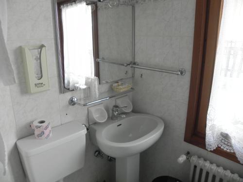 a bathroom with a sink and a toilet and a mirror at Hotel Nuovo Pecetto in Macugnaga