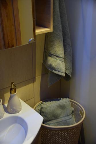 La salle de bains est pourvue d'un lavabo et d'un panier de serviettes. dans l'établissement Parka apartamenti, à Kuldīga