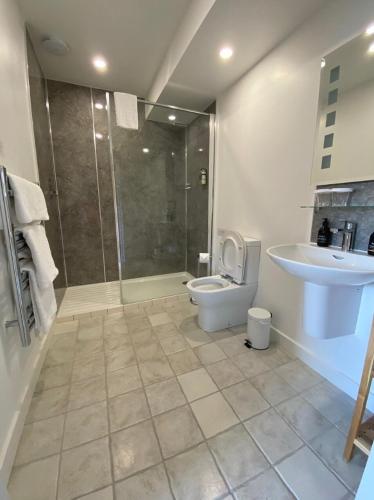 a bathroom with a shower and a toilet and a sink at Torlinnhe in Fort William