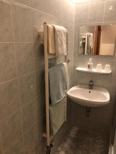 a bathroom with a sink and a mirror and a towel rack at Haus Marika in Siófok