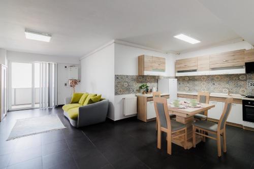a kitchen and living room with a table and chairs at Plaza Apartment in Satu Mare
