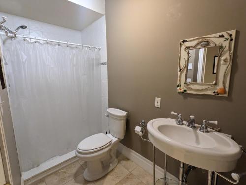 bagno con servizi igienici, lavandino e specchio di Farmhouse Suite a Port Hope