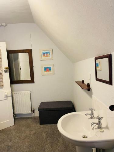 uma casa de banho com um lavatório e um espelho em The Lugger Fowey em Fowey