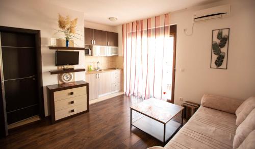 a living room with a couch and a table at Apartment lora in Budva