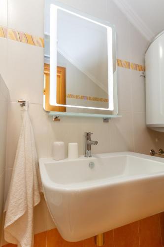 a bathroom with a sink and a mirror at Apartma Palma Umag in Umag