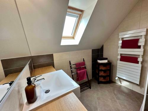 La salle de bains est pourvue d'un lavabo et d'une fenêtre. dans l'établissement Les Chambres Du Vignoble, à Ammerschwihr