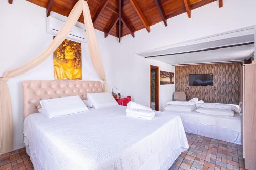 a bedroom with two beds and a tv at Jardim Do Eden Piri in Pirenópolis