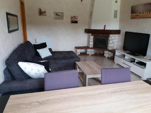 sala de estar con sofá y chimenea en Appartement meublé agréable au cœur du massif du Jura en Malpas