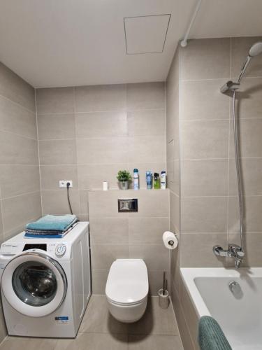 a bathroom with a washing machine next to a toilet and a sink at Vltava apartments in Prague