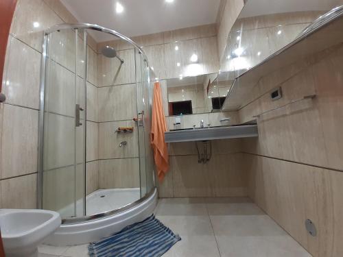 a bathroom with a shower and a sink and a toilet at Hospedate en nuestro hogar y disfruta unas lindas vacaciones en Termas de Rio Hondo in Termas de Río Hondo