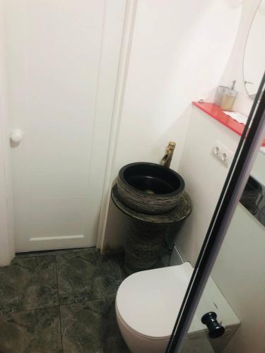 a small bathroom with a toilet and a toilet seat at Arkadia Beach Hotel in Odesa