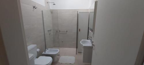 La salle de bains est pourvue de toilettes, d'un lavabo et d'une douche. dans l'établissement La Casa de Mirna, à Formosa