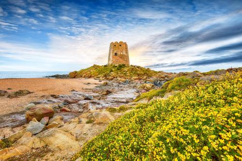 a tall building on a rocky beach with yellow flowers at Le Corti Sarde Countryside in Bari Sardo