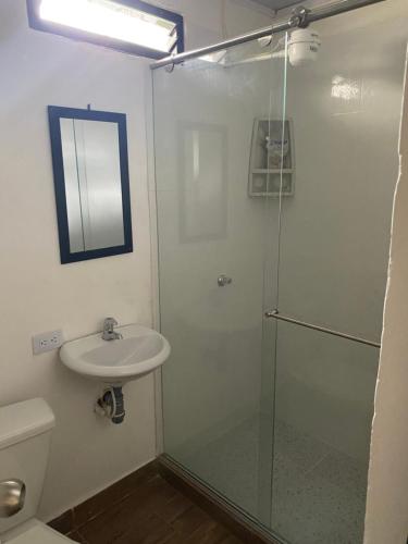 uma casa de banho com uma cabina de duche em vidro e um lavatório. em Finca la vaga em Filandia