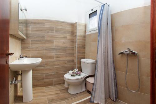La salle de bains est pourvue de toilettes, d'un lavabo et d'une douche. dans l'établissement Pension Gerania, à Asos