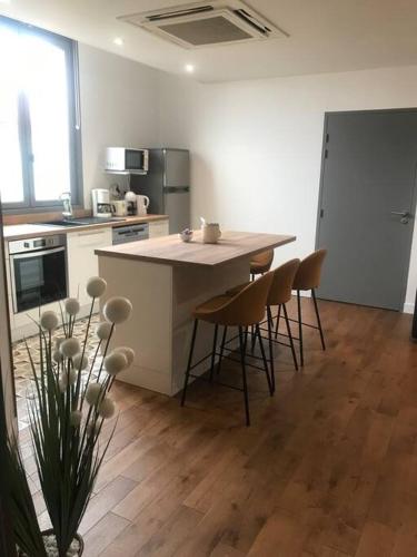 une cuisine avec une table, des chaises et un réfrigérateur dans l'établissement Charmant T2 rénové et climatisé chez Cathy, à Ceyrat