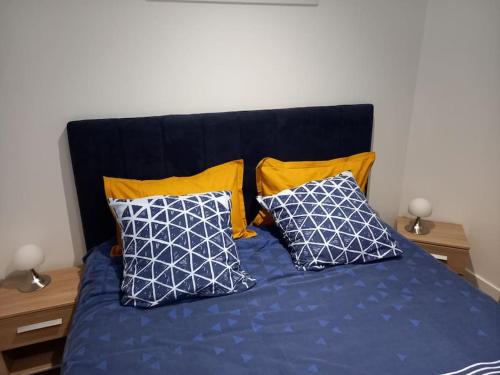 a bed with blue sheets and pillows on it at Charmant T2 rénové et climatisé chez Cathy in Ceyrat