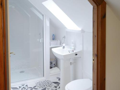 uma casa de banho com um chuveiro, um WC e um lavatório. em Breacwell Cottage em Bonar Bridge