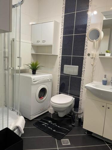 łazienka z toaletą i pralką w obiekcie Relaxing Bucharest Airport Residences & Therme-SELF CHECK-IN w mieście Otopeni
