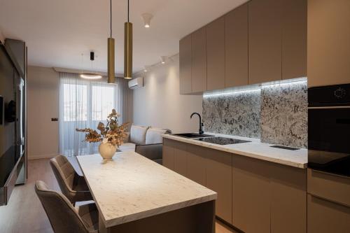 a kitchen with a table with chairs and a counter top at Opera Apartments in Cluj-Napoca