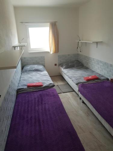 2 camas en una habitación con sábanas moradas y una ventana en Apartmán ANNA s vinným sklepem Pouzdřany, en Pouzdřany