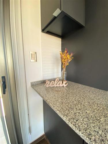 a kitchen counter with a vase of flowers on it at Chalet Premium en Villa Privada "Casa Bonita" in San Rafael