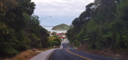 een kronkelende weg op een heuvel met uitzicht op de oceaan bij Marlin Court Motel in Paihia