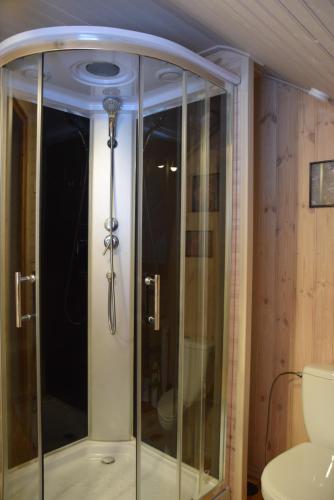a glass shower in a bathroom with a toilet at Čučumuiža in Kuldīga
