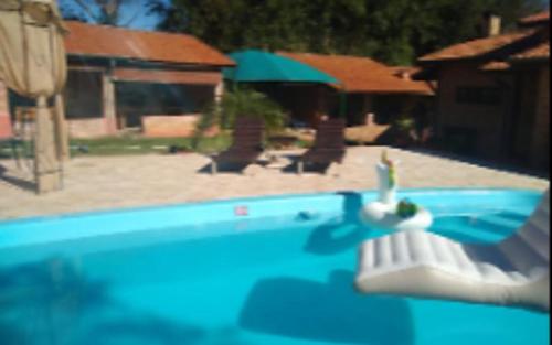 a swimming pool with a swan on a chair in it at Nosso Recanto Gaúcho Paraíso no interior Guaratinguetá Aparecida in Guaratinguetá