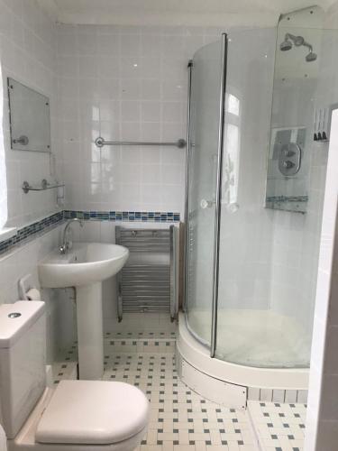 a bathroom with a shower and a toilet and a sink at Dream Nest in Southend-on-Sea