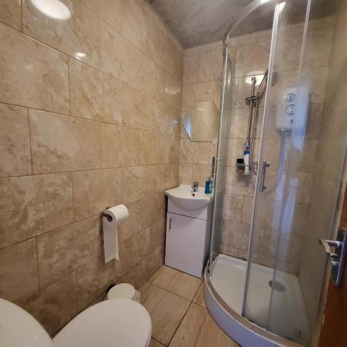W łazience znajduje się prysznic, toaleta i umywalka. w obiekcie Fully Furnished 2 bedroom apartment with 4 single beds w Bristolu