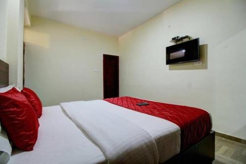 Schlafzimmer mit einem Bett mit roten Kissen und einem TV in der Unterkunft Pinehill Suits in Udagamandalam