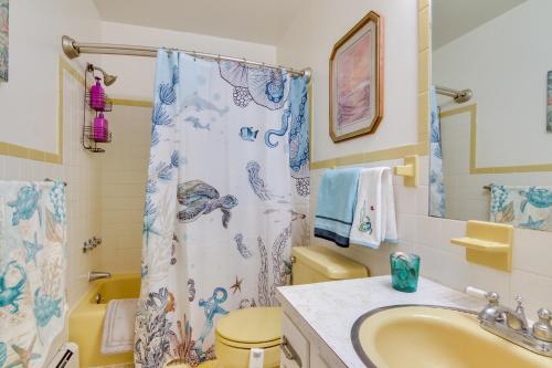 a bathroom with a sink and a shower curtain at Pet-Friendly Berlin Home Rental about 4 Mi to Beaches! in Berlin