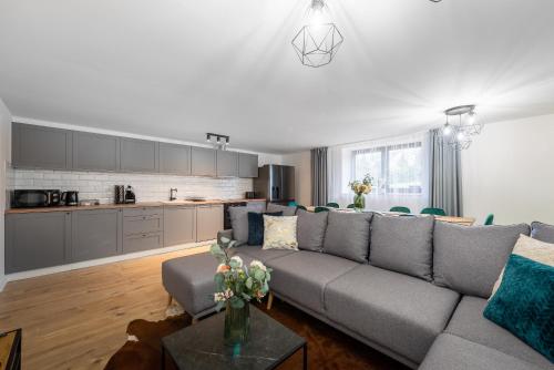 a living room with a gray couch and a kitchen at Kutnohorská vyhlídka in Kutná Hora