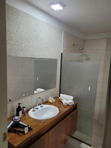 a bathroom with a sink and a shower at Departamento frente a centro comercial Palmares e Hiper mercado in Godoy Cruz
