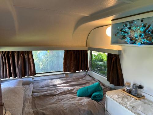 ein Schlafzimmer mit einem Bett mit einem grünen Kissen darauf in der Unterkunft Morepork Rural Oasis in Aongatete