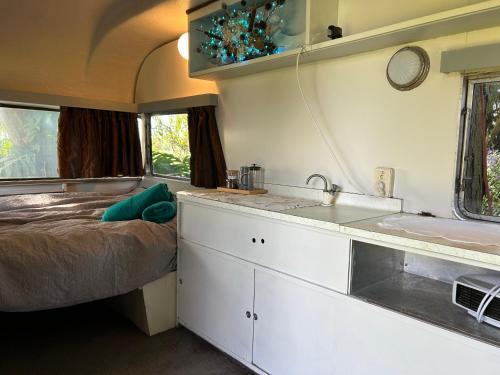 eine Küche mit einem Waschbecken und ein Bett in einem Zimmer in der Unterkunft Morepork Rural Oasis in Aongatete