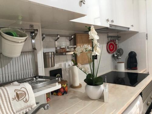 a small kitchen with a vase of flowers on a counter at Courtyard House - Sun, Barbecue, Beach in Sesimbra