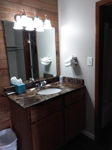 a bathroom with a sink and a mirror at Country Inn of Shelby in Avoca