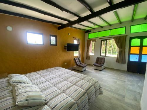 ein Schlafzimmer mit einem Bett und zwei Stühlen darin in der Unterkunft Cabañas Campestres MaRGuin in Paipa